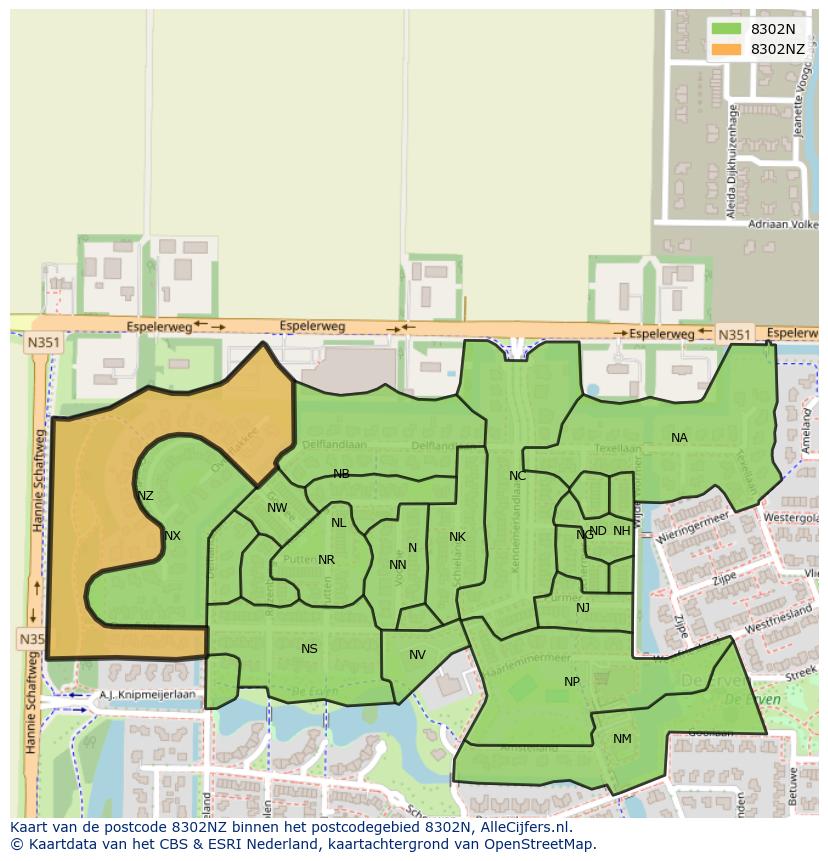 Afbeelding van het postcodegebied 8302 NZ op de kaart.
