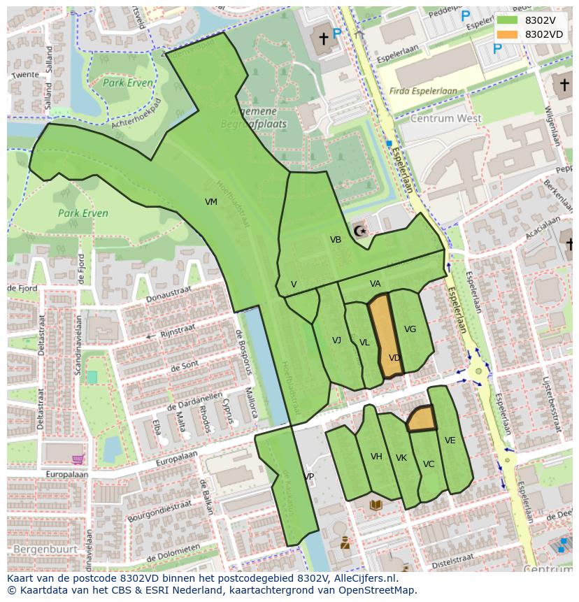 Afbeelding van het postcodegebied 8302 VD op de kaart.