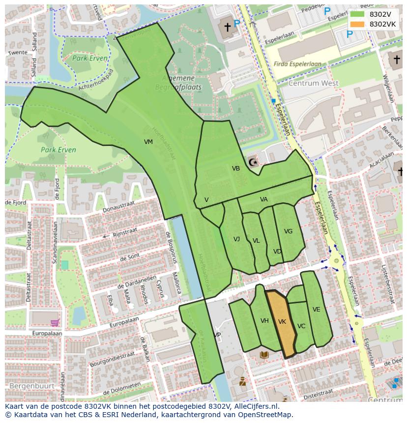 Afbeelding van het postcodegebied 8302 VK op de kaart.