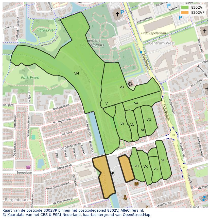 Afbeelding van het postcodegebied 8302 VP op de kaart.