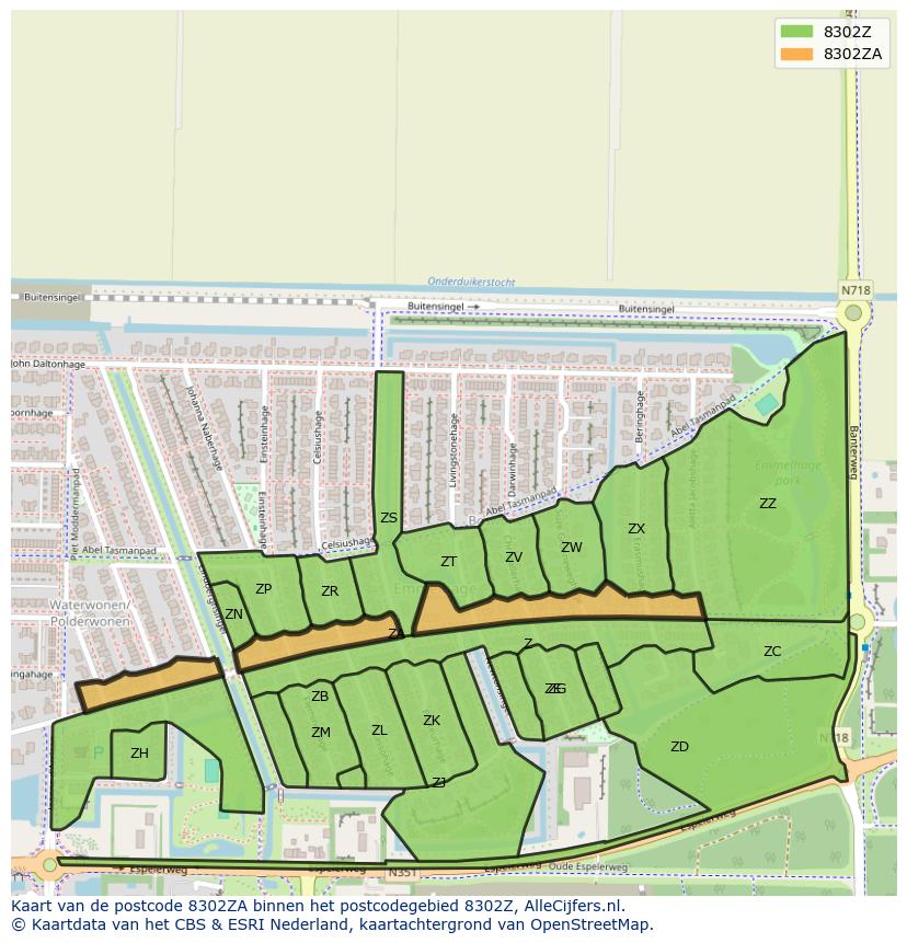 Afbeelding van het postcodegebied 8302 ZA op de kaart.