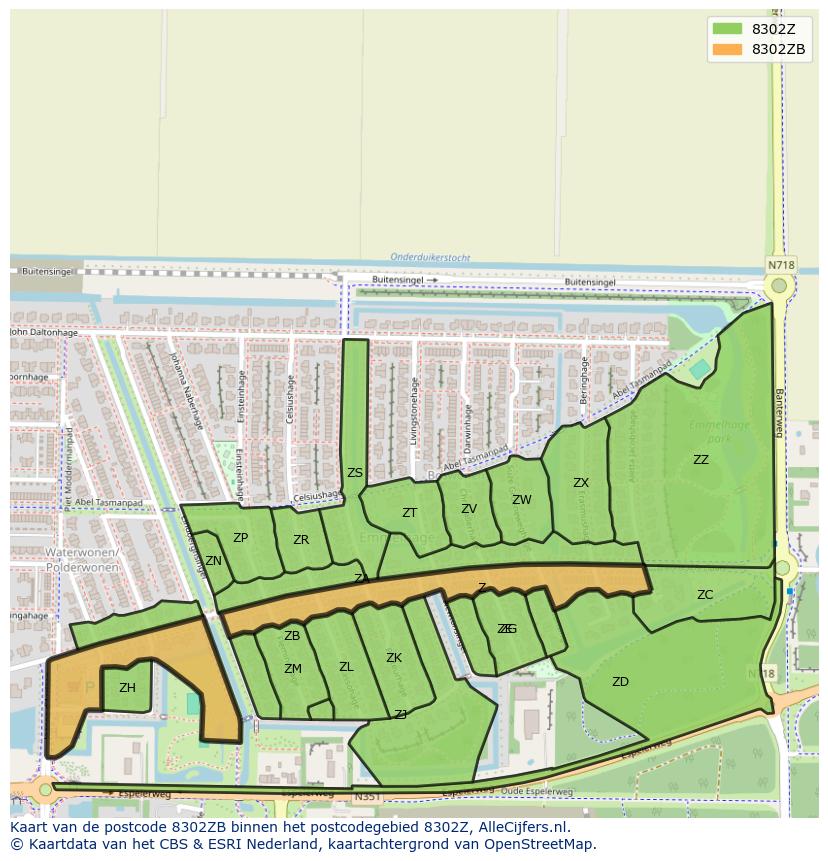 Afbeelding van het postcodegebied 8302 ZB op de kaart.