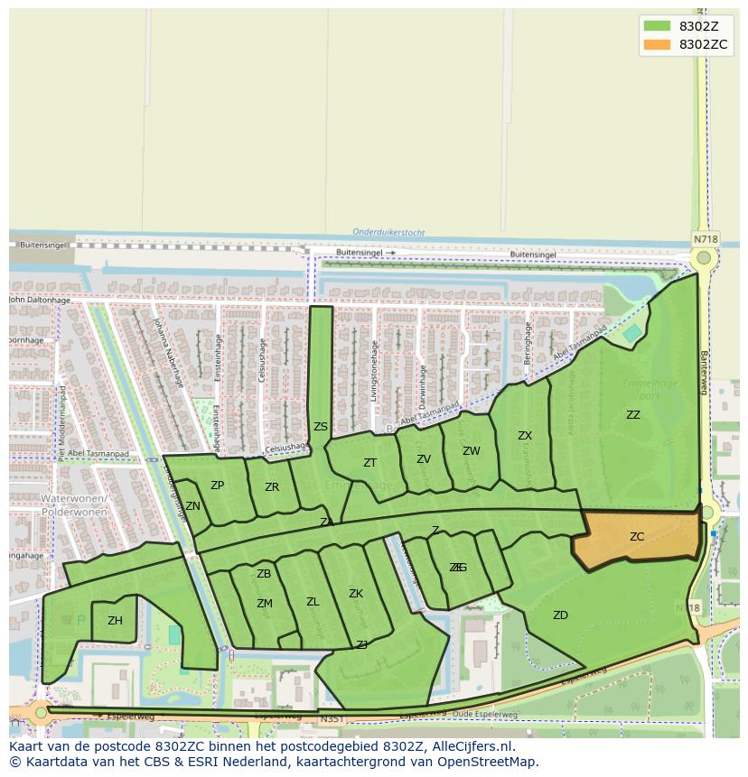 Afbeelding van het postcodegebied 8302 ZC op de kaart.