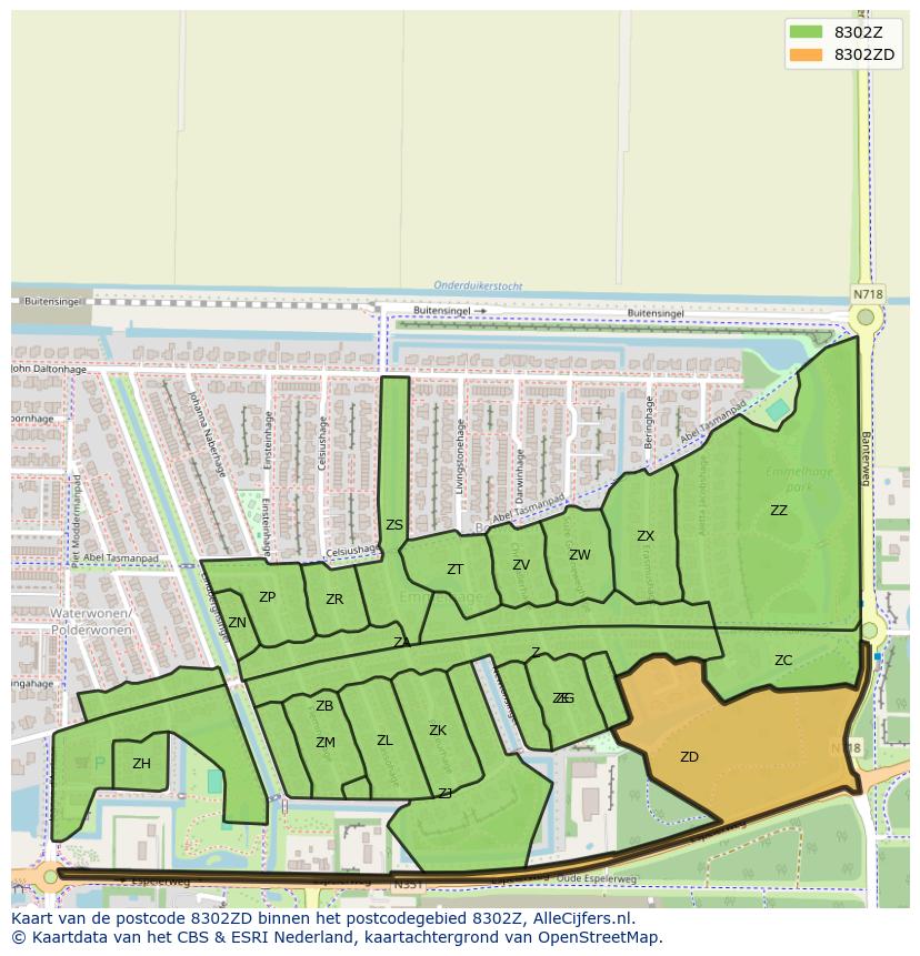 Afbeelding van het postcodegebied 8302 ZD op de kaart.