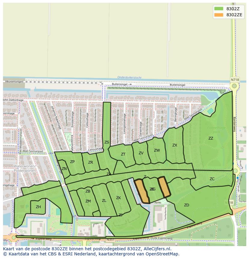 Afbeelding van het postcodegebied 8302 ZE op de kaart.