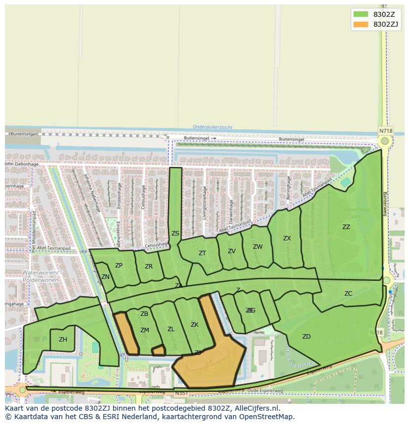 Afbeelding van het postcodegebied 8302 ZJ op de kaart.
