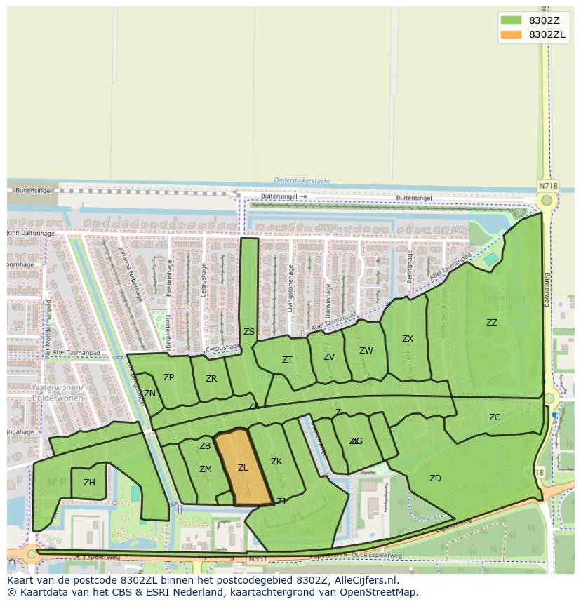 Afbeelding van het postcodegebied 8302 ZL op de kaart.
