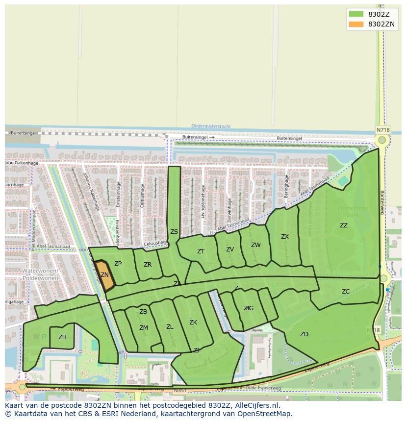 Afbeelding van het postcodegebied 8302 ZN op de kaart.
