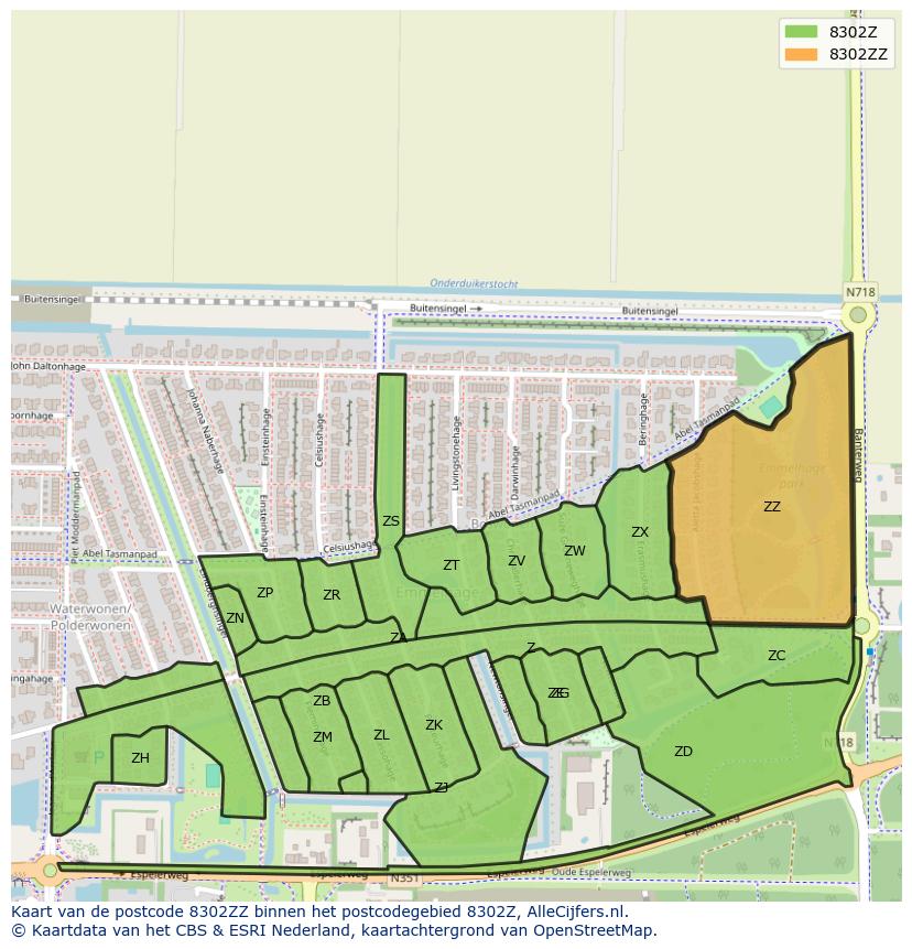 Afbeelding van het postcodegebied 8302 ZZ op de kaart.
