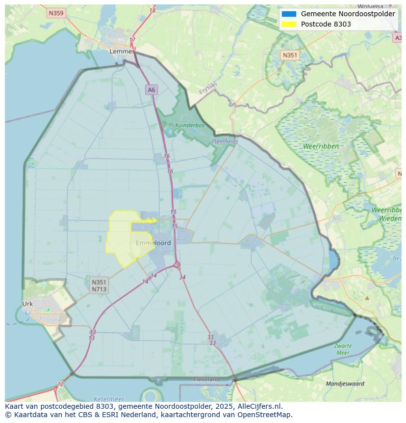 Afbeelding van het postcodegebied 8303 op de kaart.