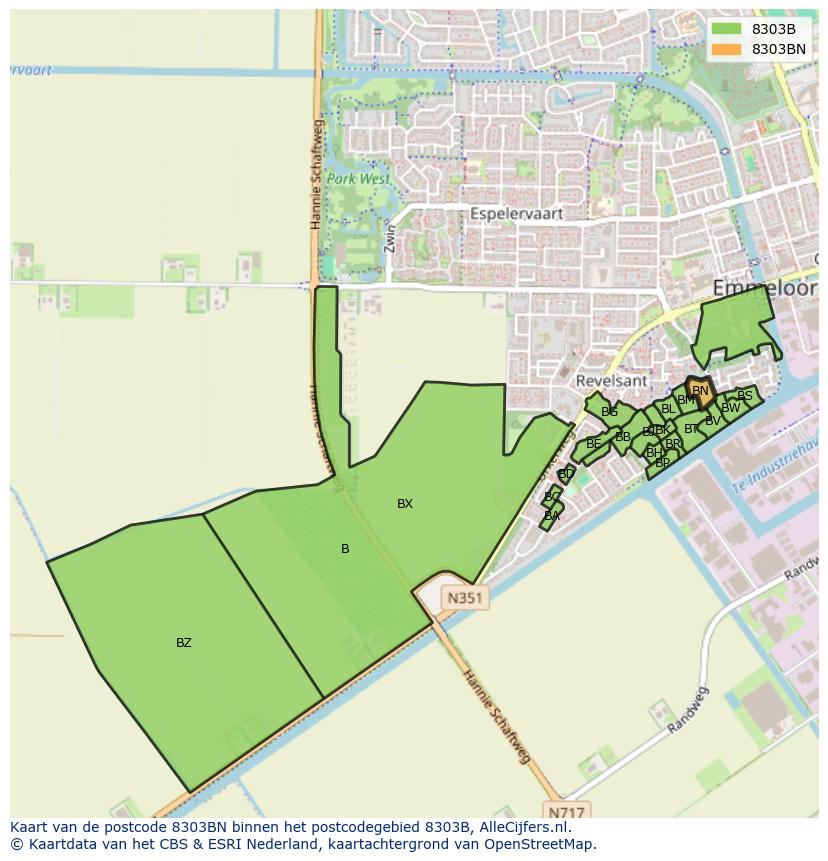 Afbeelding van het postcodegebied 8303 BN op de kaart.