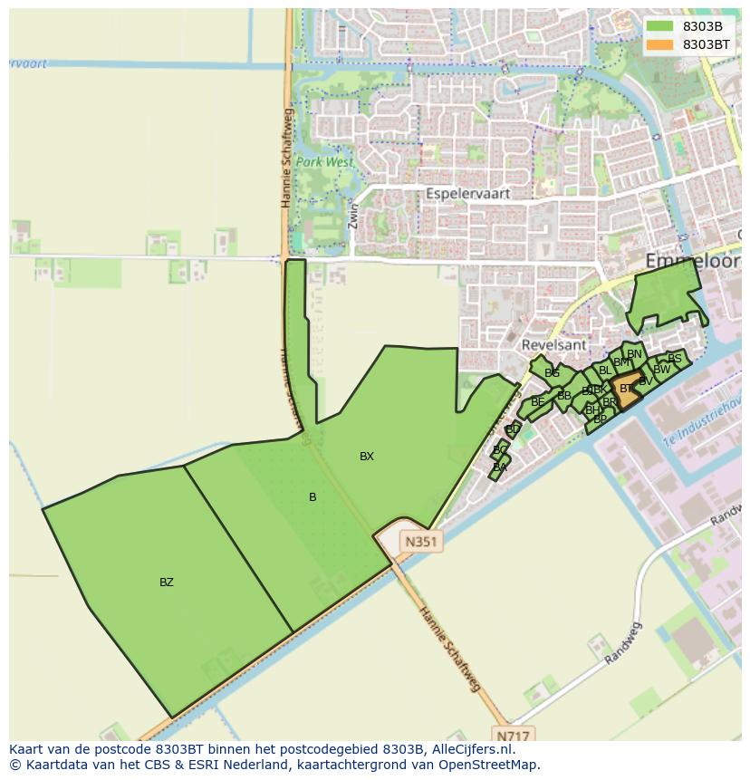 Afbeelding van het postcodegebied 8303 BT op de kaart.