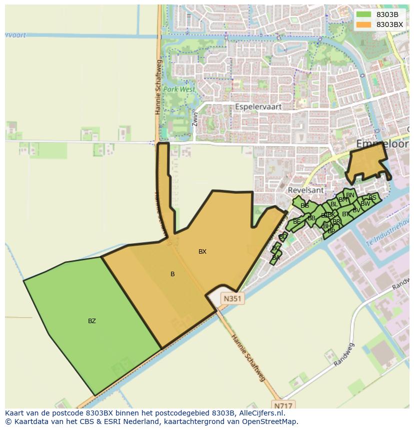 Afbeelding van het postcodegebied 8303 BX op de kaart.