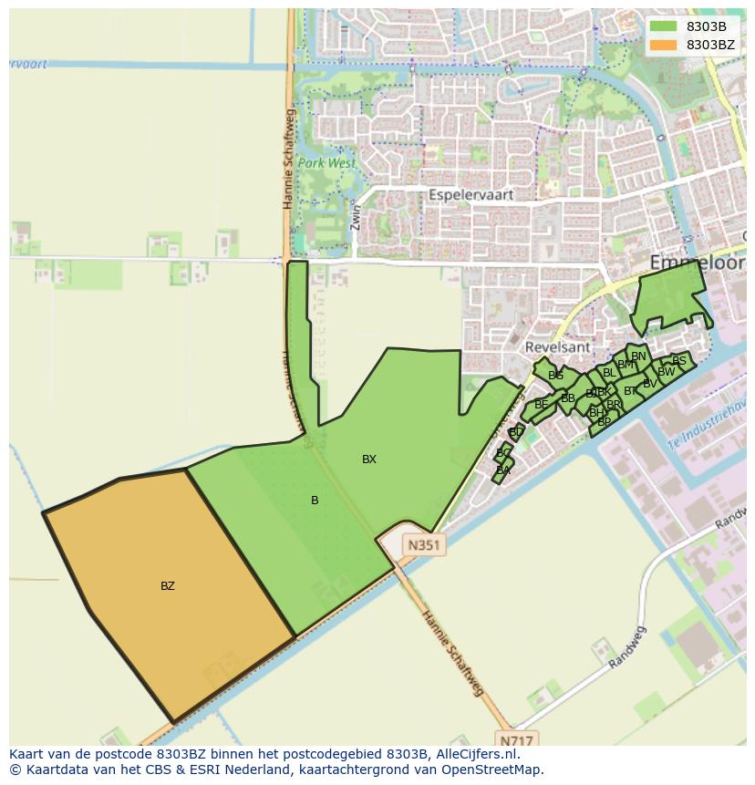 Afbeelding van het postcodegebied 8303 BZ op de kaart.