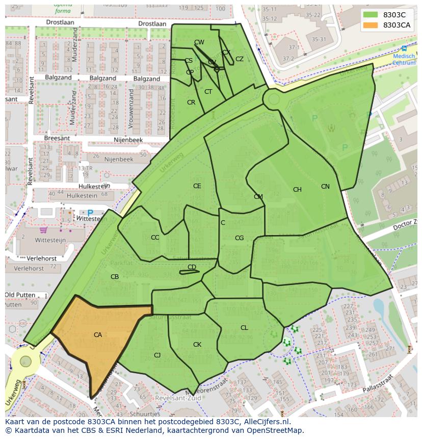 Afbeelding van het postcodegebied 8303 CA op de kaart.