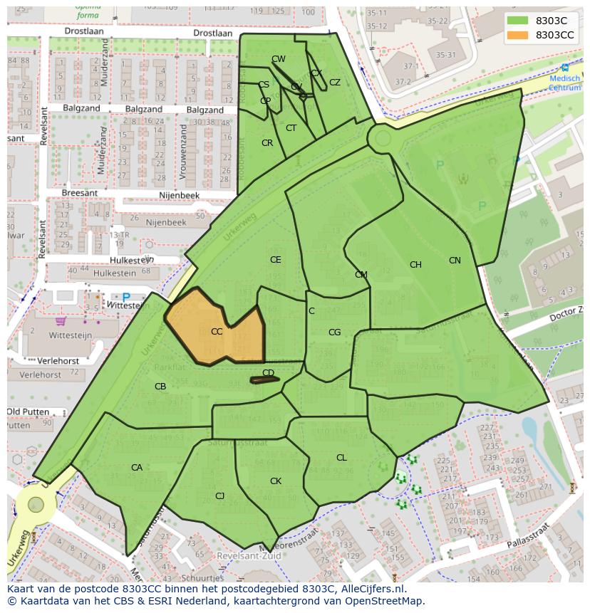 Afbeelding van het postcodegebied 8303 CC op de kaart.
