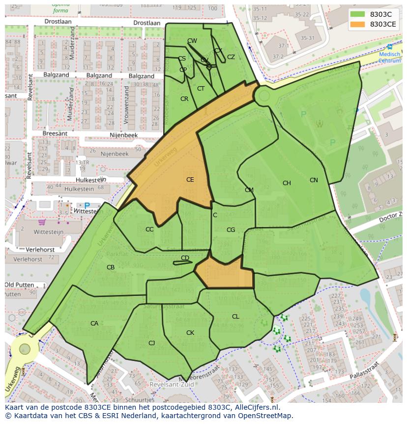 Afbeelding van het postcodegebied 8303 CE op de kaart.