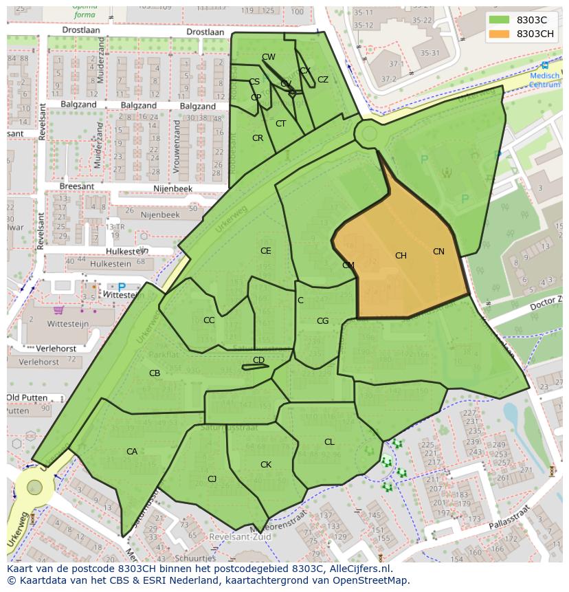 Afbeelding van het postcodegebied 8303 CH op de kaart.