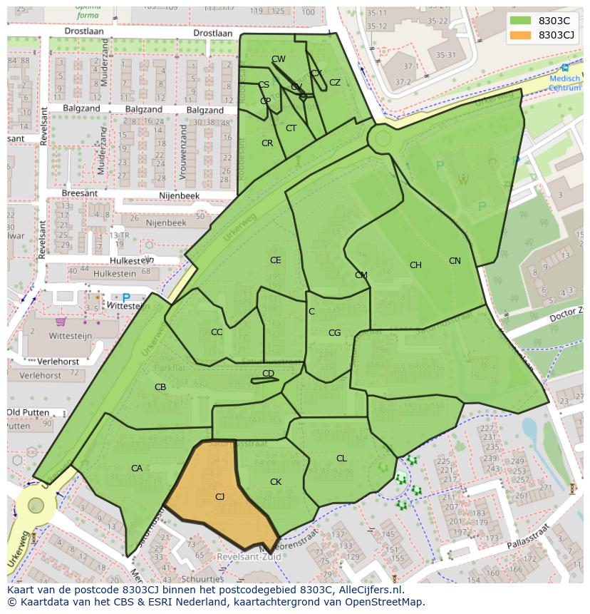 Afbeelding van het postcodegebied 8303 CJ op de kaart.