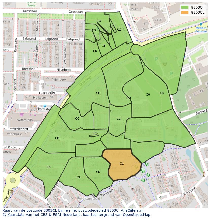 Afbeelding van het postcodegebied 8303 CL op de kaart.