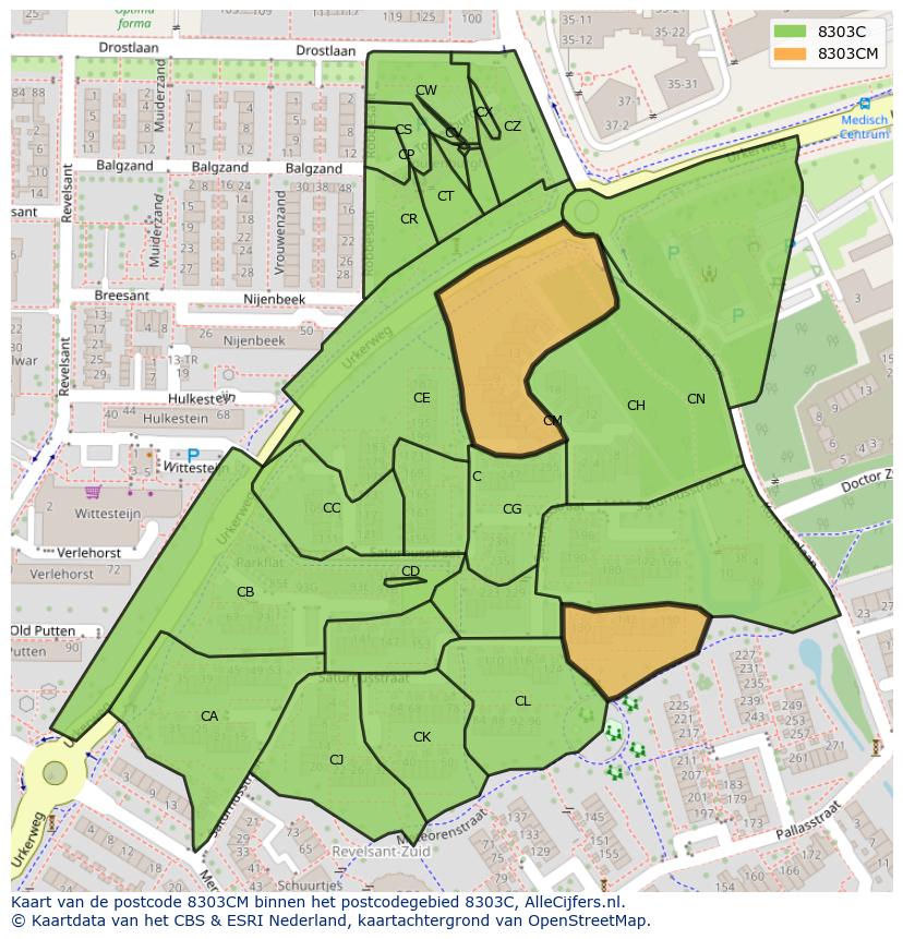 Afbeelding van het postcodegebied 8303 CM op de kaart.
