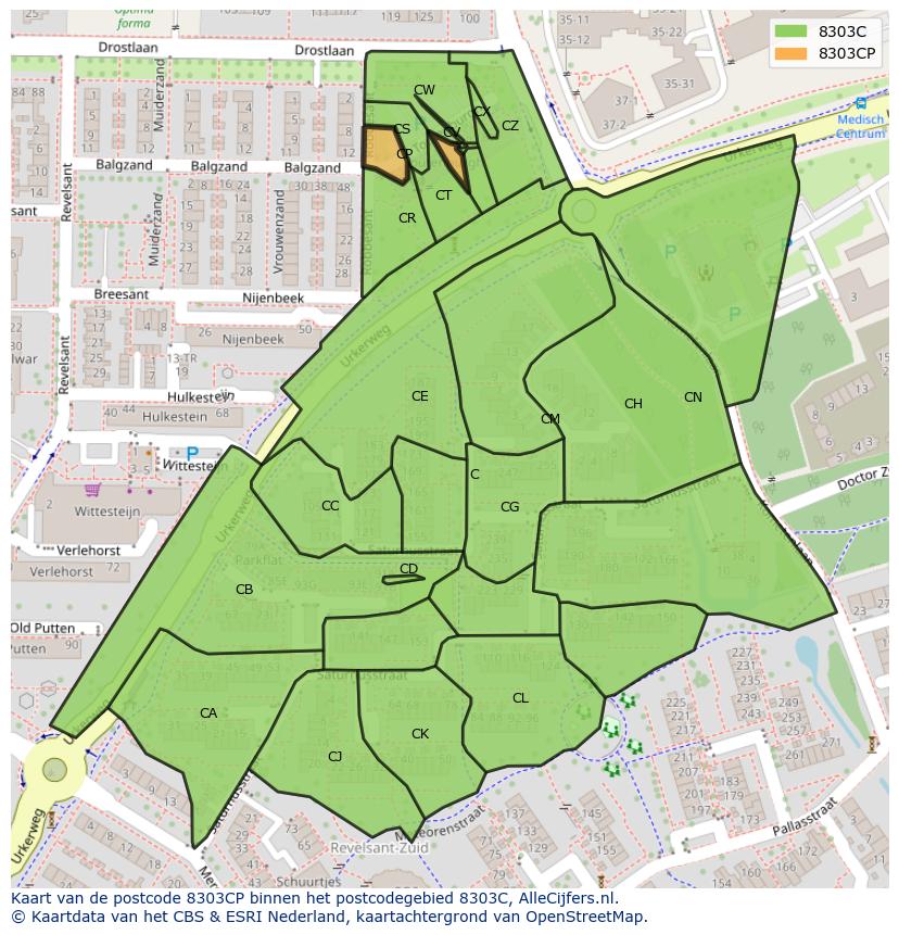 Afbeelding van het postcodegebied 8303 CP op de kaart.