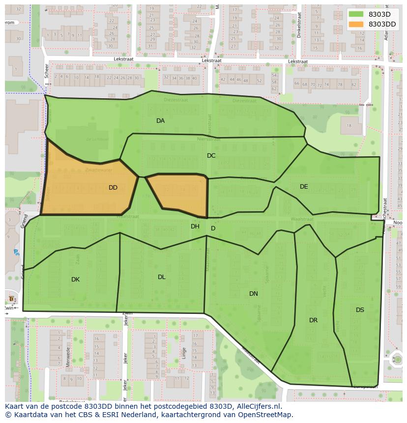 Afbeelding van het postcodegebied 8303 DD op de kaart.