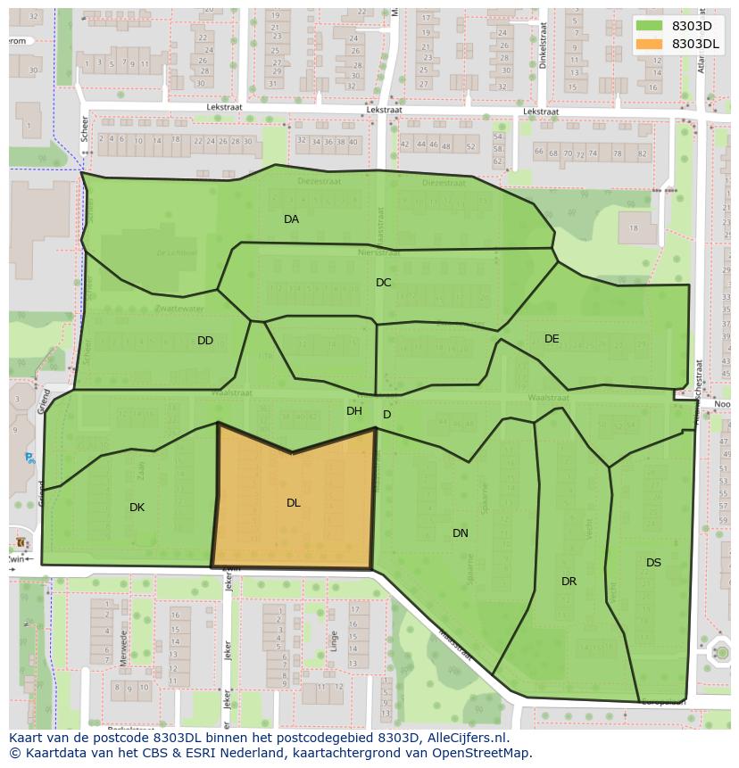 Afbeelding van het postcodegebied 8303 DL op de kaart.