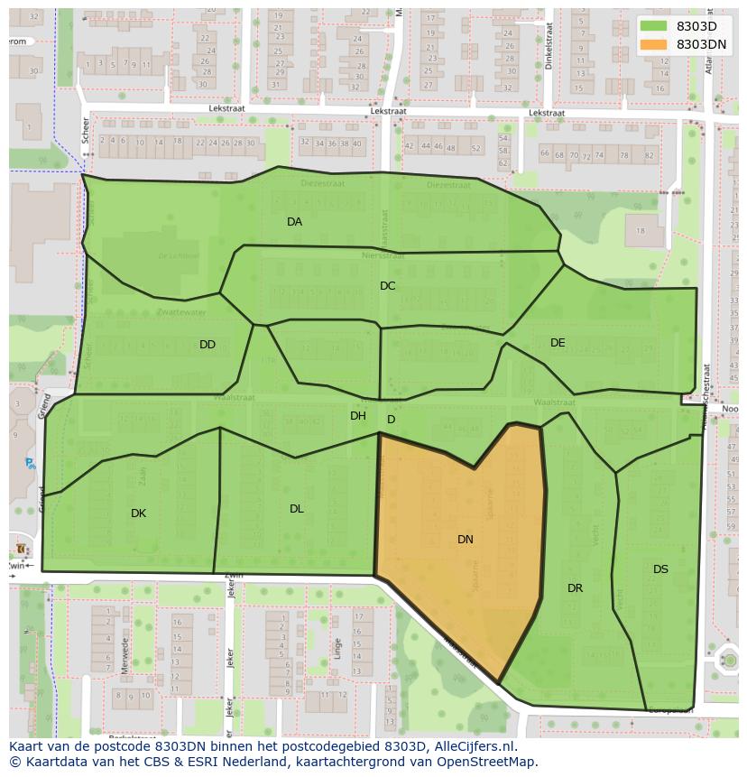 Afbeelding van het postcodegebied 8303 DN op de kaart.