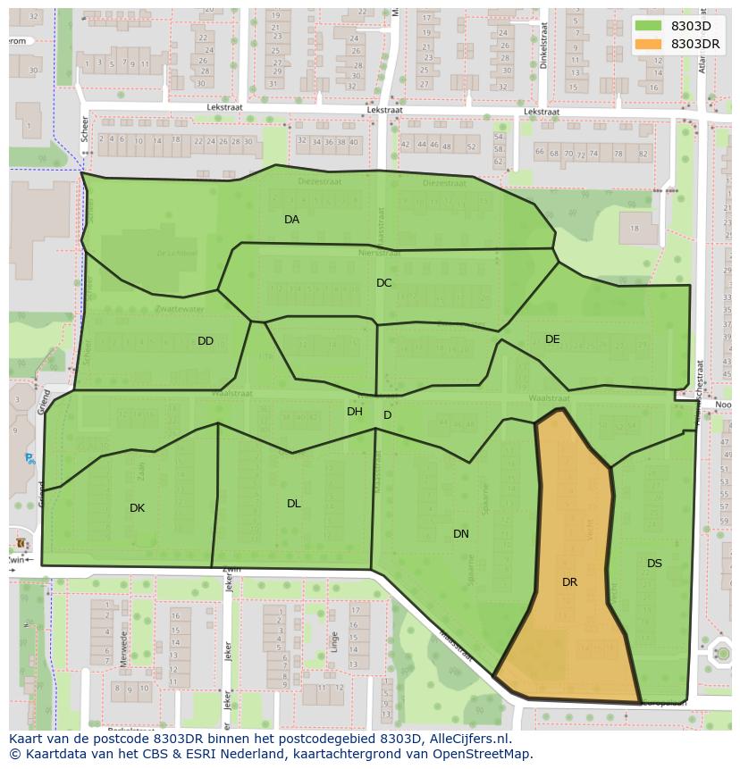 Afbeelding van het postcodegebied 8303 DR op de kaart.