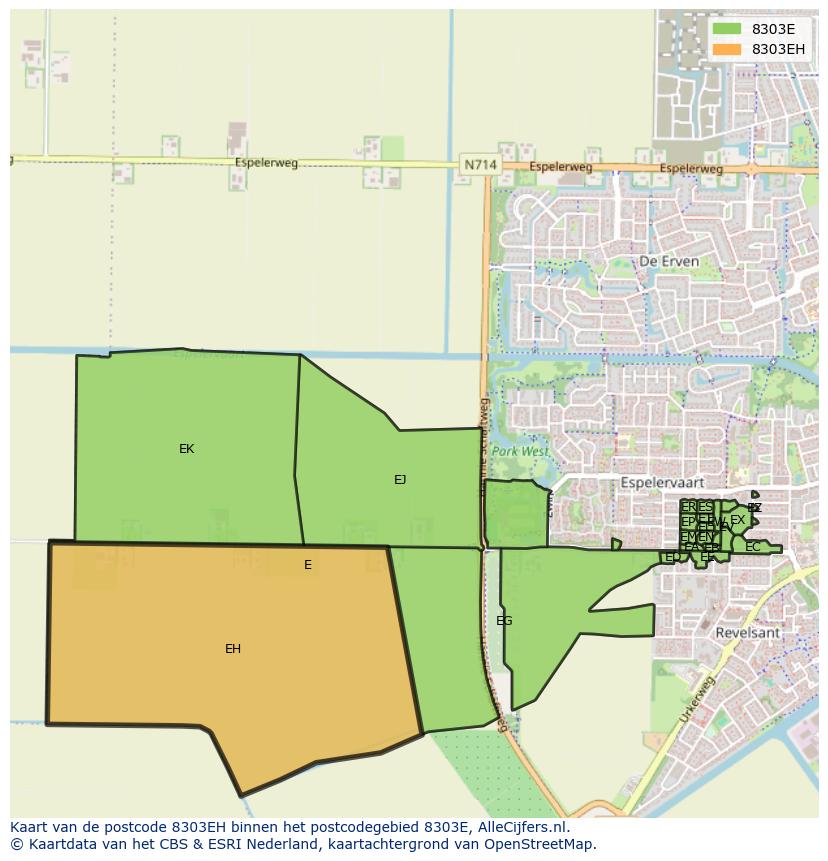 Afbeelding van het postcodegebied 8303 EH op de kaart.