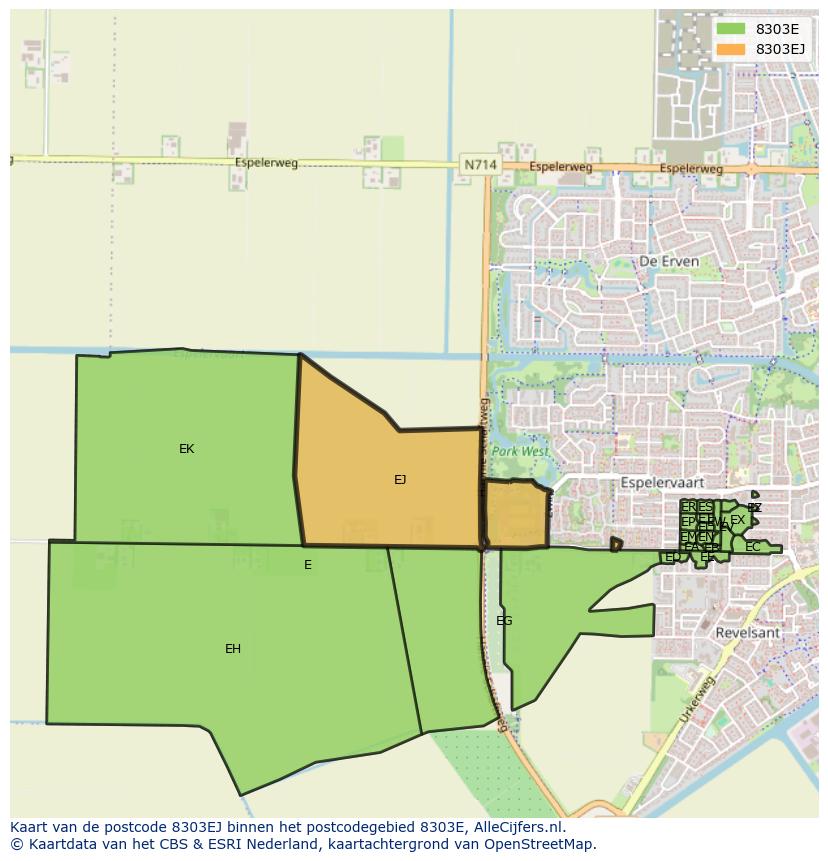 Afbeelding van het postcodegebied 8303 EJ op de kaart.