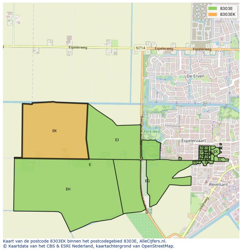 Afbeelding van het postcodegebied 8303 EK op de kaart.
