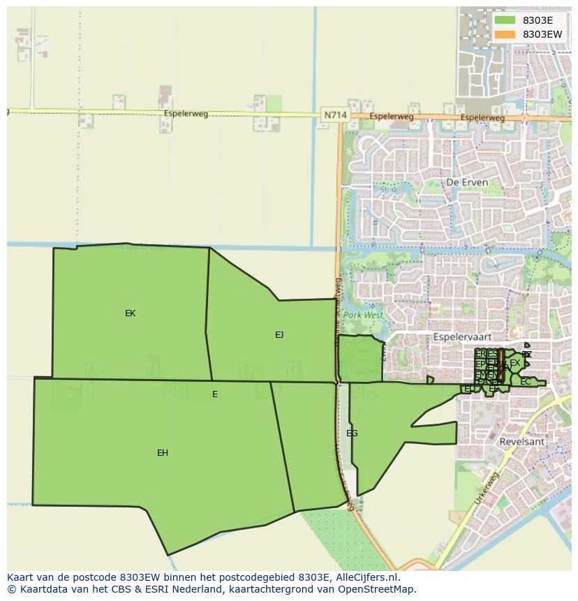 Afbeelding van het postcodegebied 8303 EW op de kaart.