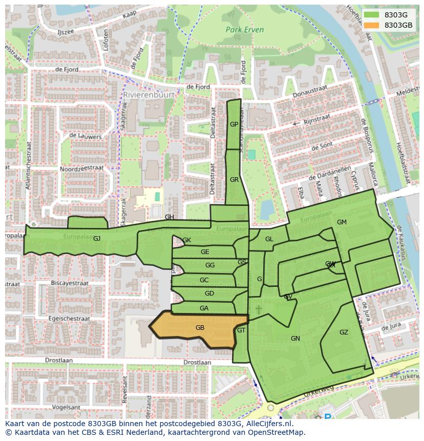 Afbeelding van het postcodegebied 8303 GB op de kaart.