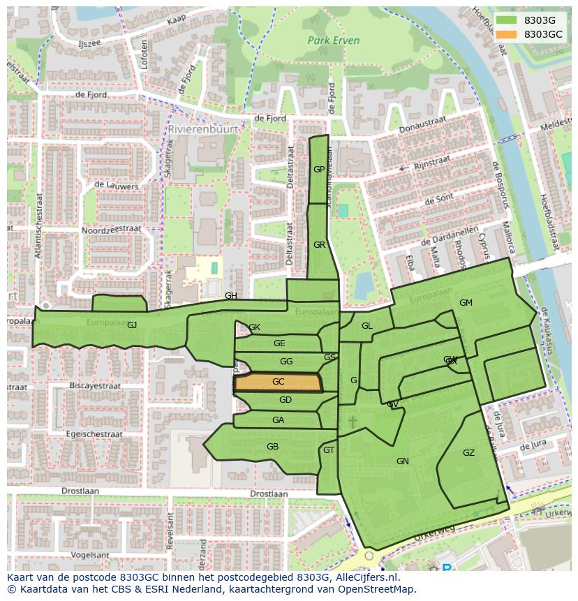 Afbeelding van het postcodegebied 8303 GC op de kaart.
