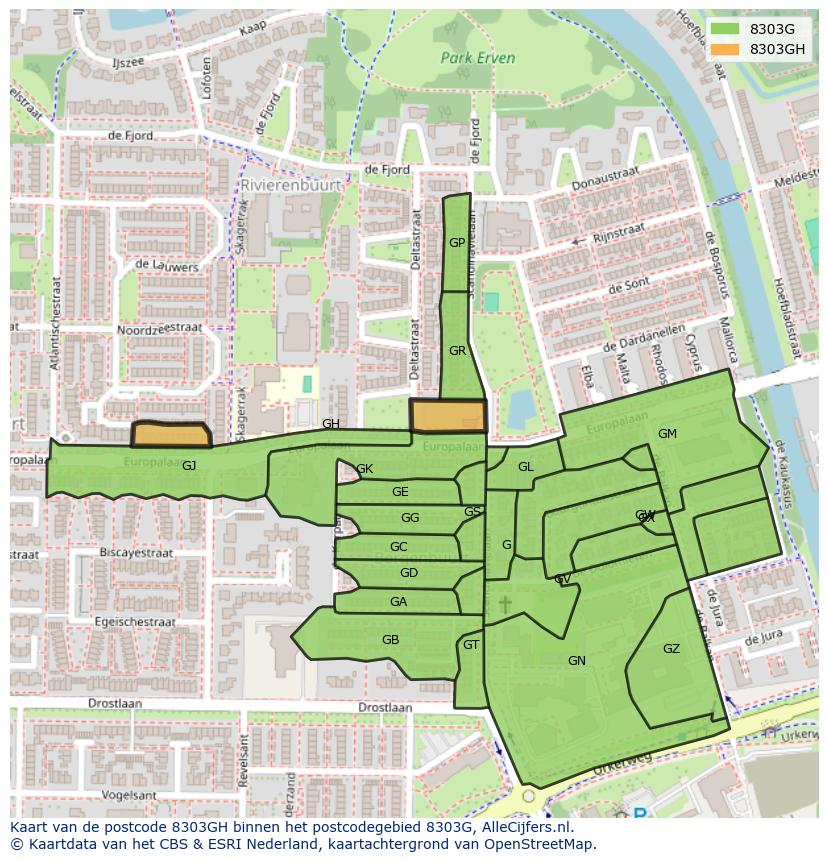 Afbeelding van het postcodegebied 8303 GH op de kaart.