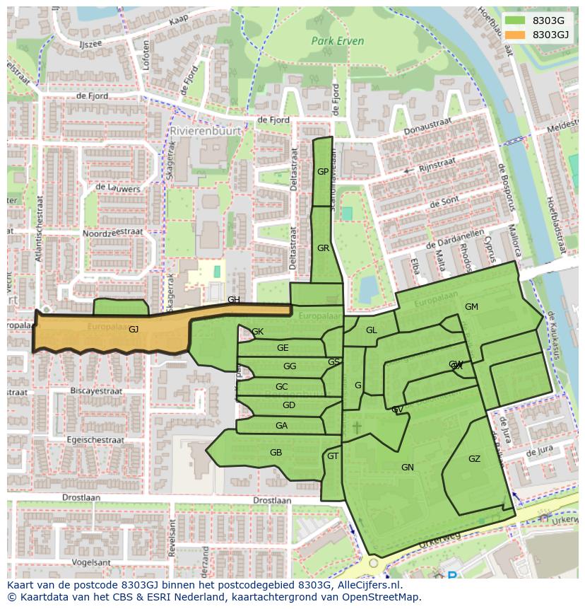Afbeelding van het postcodegebied 8303 GJ op de kaart.