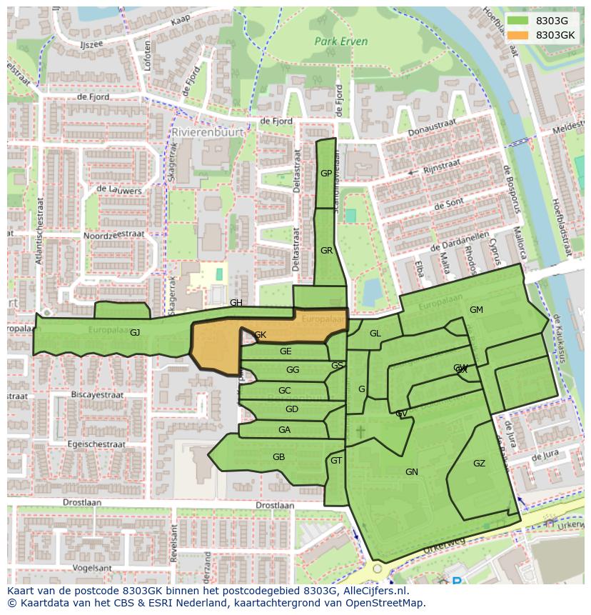 Afbeelding van het postcodegebied 8303 GK op de kaart.