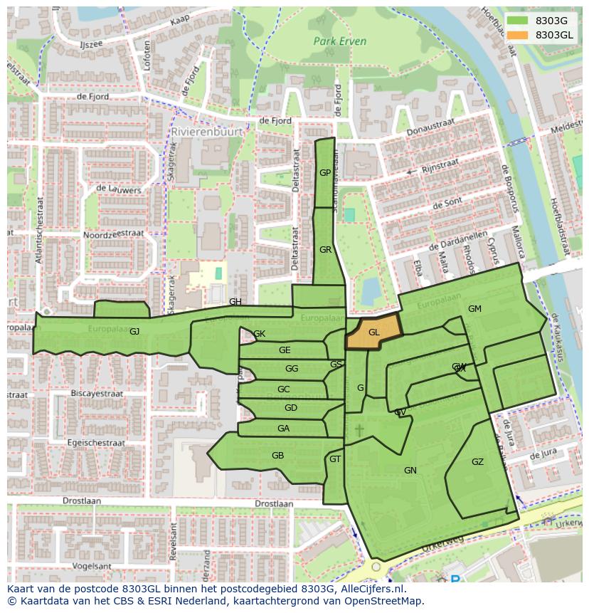 Afbeelding van het postcodegebied 8303 GL op de kaart.