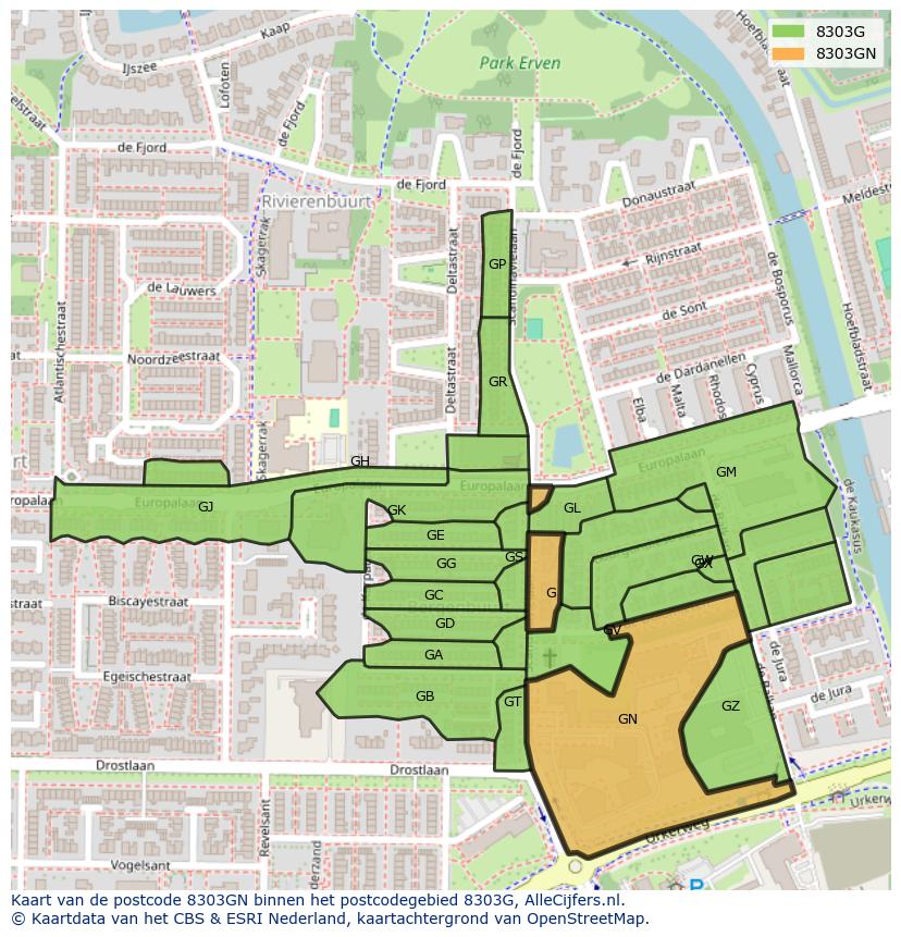Afbeelding van het postcodegebied 8303 GN op de kaart.
