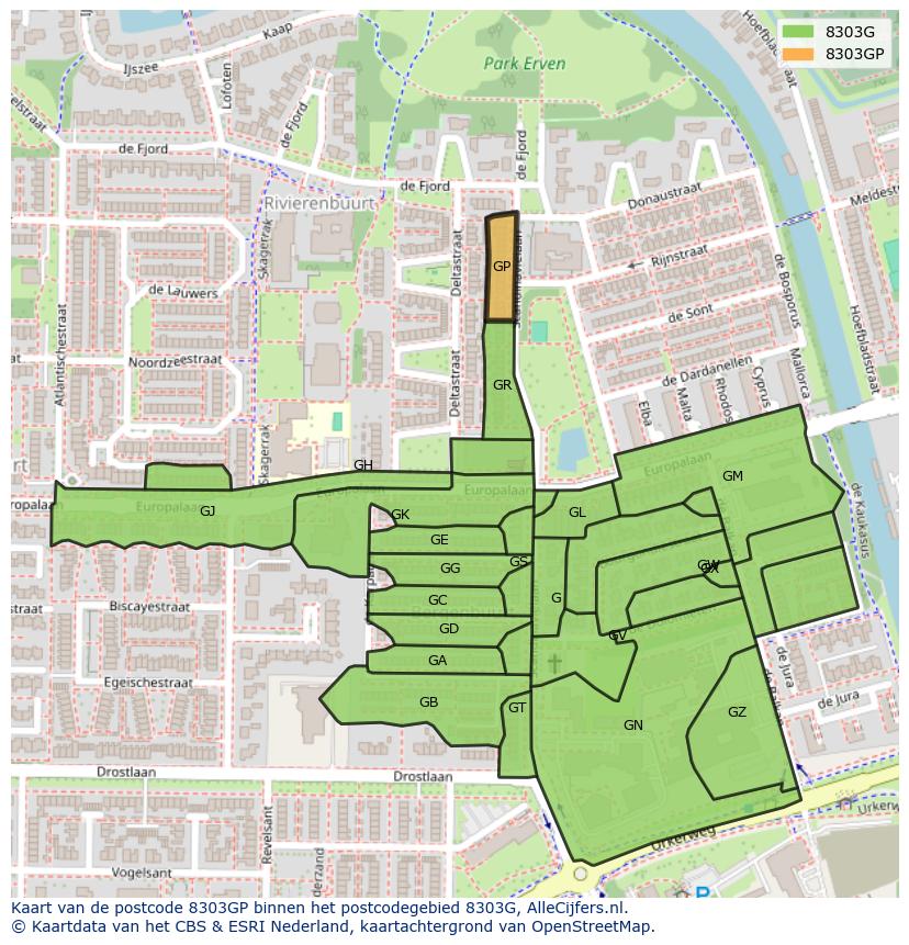 Afbeelding van het postcodegebied 8303 GP op de kaart.