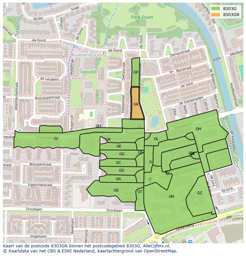 Afbeelding van het postcodegebied 8303 GR op de kaart.