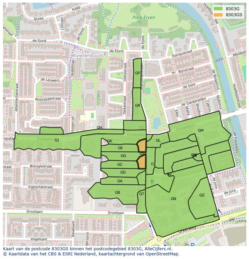 Afbeelding van het postcodegebied 8303 GS op de kaart.