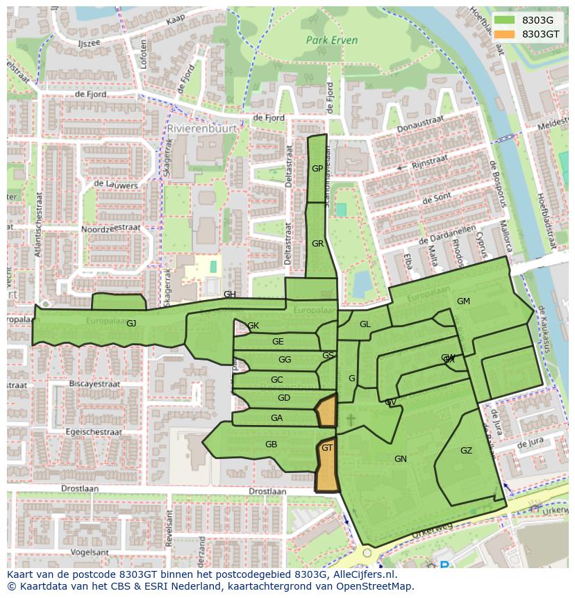 Afbeelding van het postcodegebied 8303 GT op de kaart.