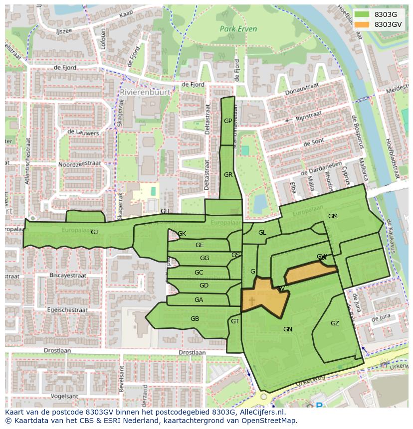 Afbeelding van het postcodegebied 8303 GV op de kaart.
