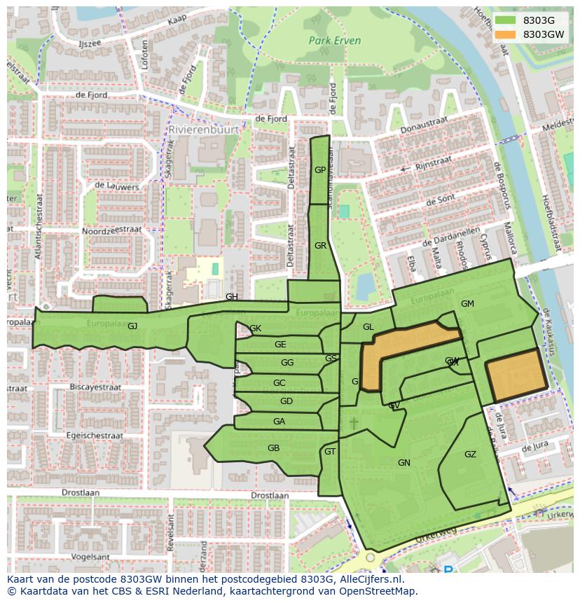 Afbeelding van het postcodegebied 8303 GW op de kaart.