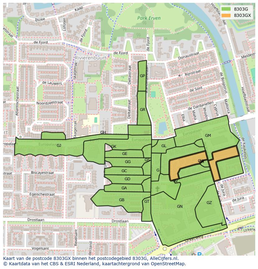 Afbeelding van het postcodegebied 8303 GX op de kaart.