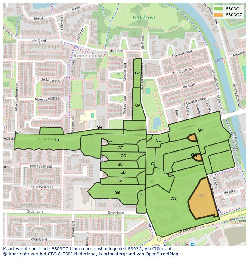 Afbeelding van het postcodegebied 8303 GZ op de kaart.