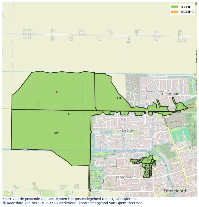 Afbeelding van het postcodegebied 8303 HC op de kaart.